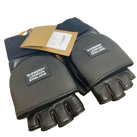 NEW Burberry 3-in-1 Lambskin Leather Gloves Mittens Flap Winter Warm Black Pair - Picture 1 of 11